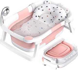 Rabb 1st Baby Bath Tub Foldable,Portable Bath Newborn to Toddler with Non-Slip Mat,Drain Hole,No Thermometer,Pink