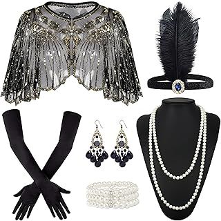 1920s Flapper Accessories for Women, Great Gatsby Accessories for Women Roaring 20s Accessories 1920 Accessories Women with Sequin Flapper Shawl 1920s Headpiece Pearl Bracelet Necklace