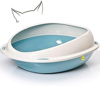 Blue Large Cat Open Litter Tray With Rim Kitten Pet Toilet Plastic Loo Pan Box Anti-Spillage Lowered Entry Step Rounded Corners Detachable Rim Easy Cleaning No Spilling