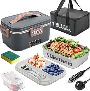 Electric Lunch Box 100W, 1.8L Removable Stainless Steel, 3-in-1 Portable Heated Lunch Box, 12V/24V/220V Insulated Heat Box for Car/Truck/Office/Home, with Insulated Bag and Sponge (Grey)