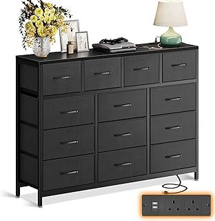 ODK Black Chest of Drawers Bedroom, 2 USB & 2 AC Ports Sockets, Contains 13 Fabric Drawers Multi-functional Fabric Drawers Suitable for Bedrooms, Living Rooms, Sturdy Storage Dresser, Black
