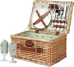Wicker Picnic Basket for 2, Willow Hamper Basket Sets, Handmade 2 Person Picnic Basket with Utensils Cutlery Perfect for Picnic, Camping Flower