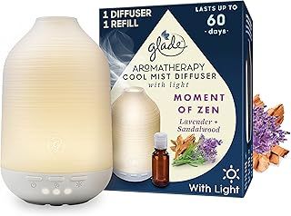 Glade Essential Oil Diffuser Holder & Refill, Cool Mist Aromatherapy Diffuser & Air Freshener for Home, Moment of Zen with Lavender & Sandalwood Scent, Holder + 17.4ml Refill