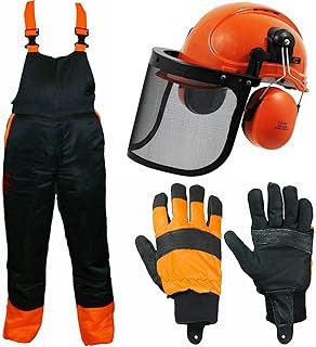 SPARES2GO Chainsaw Safety Seatless Bib and Braces Forestry Trousers (One Size, 34" - 38") + Helmet with Ear Defenders, Visor + Protective Gloves (Size 10)