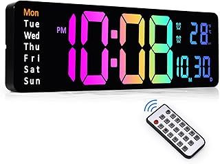 Sukeen Digital Wall Clock, 13" Digital Clock Wall Clock Digital Alarm Clock with Remote Control/Count Up & Down/10-Level Dimming/Dual Alarm/Date/Temperature for Home, Gym, Office, Garage-Colorful