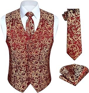 Hisdern Men's Waistcoat Paisley Floral Jacquard Necktie Pocket Square Handkerchief Vest Suit Set