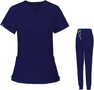 Meichoon Medical Uniforms V-Neck Stretch Scrubs Top Short Sleeve with 3 Pockets Stretch Yoga Jogger Pants Slim Fit Elastic Waistband DK09