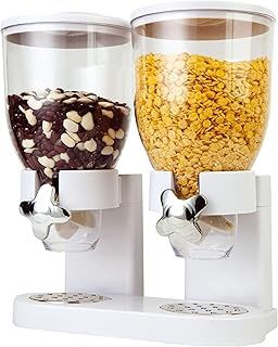 Double Cereal Dispenser Classic Dry Food Double Canister, Dry Food Dispenser Control Storage Container, Great for Cornflakes, Candy, Nuts, Beans, Granola - Kitchen Storage Dispenser, Black