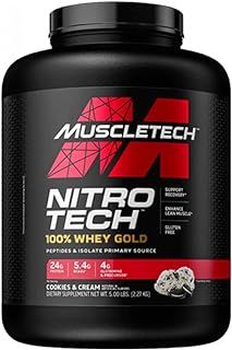 MuscleTech NitroTech 100% Whey Gold Protein Powder, Build Muscle Mass, Whey Isolate Protein Powder & Peptides, Protein Shake For Men & Women, 5.5g BCAA, 71 Servings, 2.27kg, Cookies & Cream