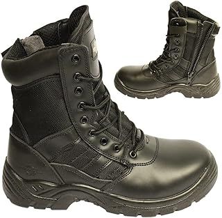 Delta: Comfortable Black Leather Military Patrol Combat Boots with Sturdy Side Zip and Safety Steel Toe Cap