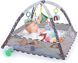 Baby Play Gym, Baby Play Mat Newborn with 5 Hanging Toys and 18 Ocean Balls, Lightweight Foam Stand Washable Soft Cotton Base, Playmats & Floor Gyms for 0-24months, with Carry Bag (80x80x55cm)