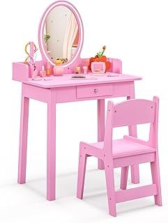 Kids Vanity Table and Chair, Wooden Children Dressing Table with 2-Color LED Lights & Removable Mirror, Tree-Shaped Jewelry Organizer, Drawer, Princess Makeup Table for 3-8 Years Old (Pink)