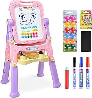 Kids Folding Double Sided Magnetic Drawing Board Easel with Accessories - Colour Chalk, Eraser (Pink/Lilac)