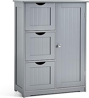 COSTWAY Bathroom Floor Cabinet, Wooden Free Standing Storage Cupboard with 3/4 Drawers, Adjustable Shelf and Door, Home Kitchen Living Room Hallway Organiser Unit (Grey, 3 Drawers)