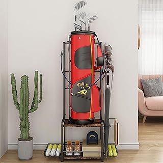 GILLAS Golf Bag Storage Garage Organizer,2 Tier Golf Bags Organizer Stand Rack, Wooden Golf Clubs Bag Organizer Single, Golfing Equipment Accessories,Club, Shed, Basement