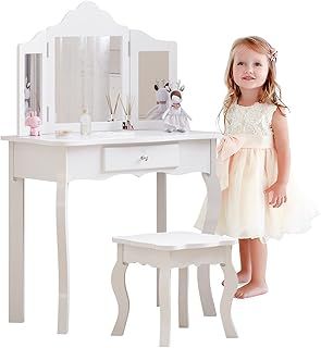 Girls Dressing Table with Mirror and Stool, Kids Wooden Vanity Table with Drawer and 3 Foldable Mirrors, Children's Makeup Desk for Age 3-12, White