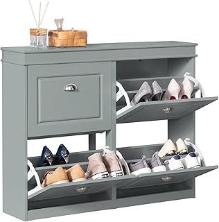 SoBuy 4 Flip-drawers Shoe Cabinet Shoe Storage Cupboard Organizer Grey W105 x D24 x H82cm FSR79-HG
