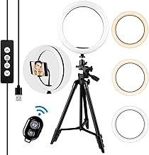 Ring Light 10 Inch with Tripod - 3 Colours Dimmable 3000 K - 5600 K Adjustable Brightness 360° Rotation Gimbals, LED Ring Light with Remote Control and Mobile Phone Holder for Makeup/Video Call/Selfie