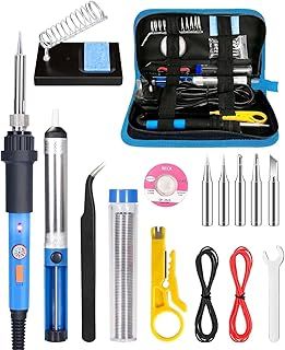 17-in-1 Electric Soldering Iron Kit, 60W Soldering Iron with Adjustable Temperature 220-480℃, ON/Off Switch, 5 Soldering Tips, Desoldering Pump, Wire Stripper, Tweezer, Stand, Tool Case
