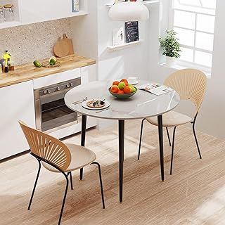Kitchen Dining Table Marble Tabletop: Round 80cm Modern Sintered Stone High Gloss Snow Mountain White Marble Top Dinner Tables with Tapered Metal Legs for Home Coffee Shop Restaurant