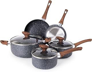 Non Stick Pots and Pans Set – Induction Hob Pot Set – 8pcs Kitchen Cookware with Lids – Cooking Marble Saucepan Pots and Frying Pans – by Nuovva