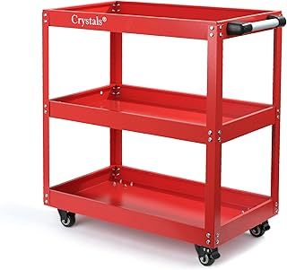Crystals Tool Trolley on Wheels, 3-Tier Tool Storage Organiser with Lockable Wheels, Garage Tool Service Cart with Handle, Workshop DIY Storage Trolley (Red)