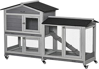 PawHut Rabbit Hutch Outdoor with Run Guinea Pig Hutch 2-Tier Bunny Cage w/Wheels No-Leak Plastic Tray 157.4 x 53 x 99.5 cm - Grey