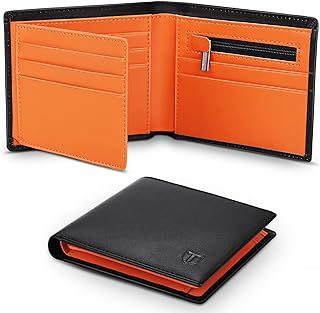 Wallets Slim Genuine Leather RFID Blocking Wallet with 11 Card Holder, 2 banknote compartments, Coin Pocket, Minimalist Wallets for Men UK with Gift Box - Black and Orange