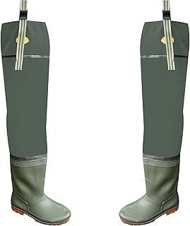 Crystals [DY46 Lightweight Hip Waders with Cleated Sole for Fishing and Hunting - PVC Bootfoot Thigh Wader - Waterproof and Available in Sizes 8 to 11 for Men and Women, Green