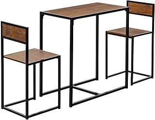 Harbour Housewares Industrial Breakfast Bar - 2 Seater Small Dining Table and Chairs Set Brown Wooden Compact Bar Table with Bar Stools Steel Framed Bistro Furniture High Table and Stool Set