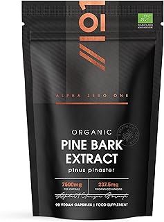 Organic Pine Bark Extract 7500mg – 237mg OPC Proanthocyanidins High Strength – 90 Vegan Capsules (3 Months Supply) – Resealable and Recyclable Pouch by Alpha01
