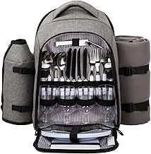 Hap Tim luxury 4 Person Picnic Backpack Picnic Rucksack Bag Hamper with Insulated Cooler Compartment includes Tableware & Fleece Blanket (EU3263-Grey)