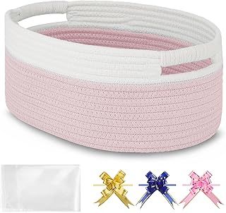 BOSROTY Small Woven Basket with Gift Bags and Ribbons, Empty Baby Gift Baskets for Kids Women Men, Nursery Storage, Small Cat Dog Pet Toy Boxes, 33 x 23 x 14 CM, Light Pink