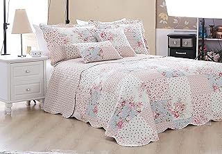 PRIME LINENS Luxury Quilted Patchwork Bedspread Bed Throw 3 Piece Bedding Set Includes Comforter & 2 Pillow Shams Floral Design Coverlet Embroidered (Meadow, King)