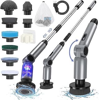 Electric Spin Scrubber, [Adjustable Angle] [Battery Display] Cordless Electric Cleaning Brush with 8 Brush Heads, 450r/min, 120cm Adjustable Long Handle Power Scrubber for Bathroom, Floor