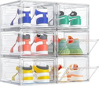 Shoe Storage Box, 6 Pcs Shoe Box Clear Plastic Stackable, Sturdy Foldable Shoe Organizer Containers with Magnetic Door for Women/Men, White