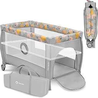 lionelo STEFI PLUS 2in1 Travel Cot & Playpen Portable with 2-Level Mattress Heigh, Baby Bed for Newborns and Toddlers 0-36kg Mattress, Side Entry, Breathable Mesh, LockGuard Safety, Wheels, Easy-Fold