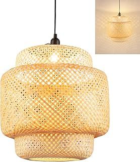 Bamboo Woven Pendant Light, Height Adjustable Hanging Ceiling Light with E27 Socket & Bamboo Lampshade, Retro Chandelier Ceiling Lamp for Living Dining Room Restaurant Cafe (Bulb Not Included)