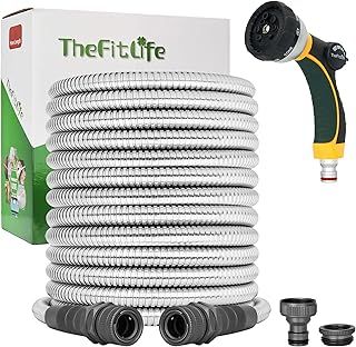 TheFitLife Metal Garden Hose Pipe - Flexible Stainless Steel Water Hose with Solid Fittings and Sprayer Nozzle - Leak Proof Kink Free, Anti-Rust, Large Diameter, Durable and Easy Storage (15m)