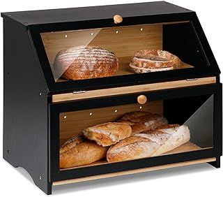 Leader Accessories Double Decker Bamboo Bread Bin 2-Layer Bread Box Large Capacity Bread Storage for Kitchen 15.3"x9.8"x12.6" Black
