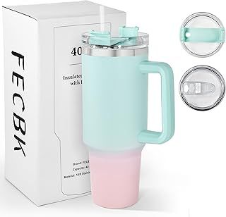 FECBK 40oz Tumbler with Straw and Lid 1.2L, 100% Leak-Proof Travel Mug with Handle, Stainless Steel Vacuum Insulated Water Bottle Keeps Cold for 34H / Hot 12H, Dishwasher Safe, Beige