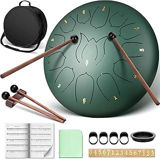 CAHAYA Steel Tongue Drum 13Notes: 12 Inch Steel Hand Drum with Music Book, Drum Mallets, Finger picks and Carry Bag Green CY00374-1