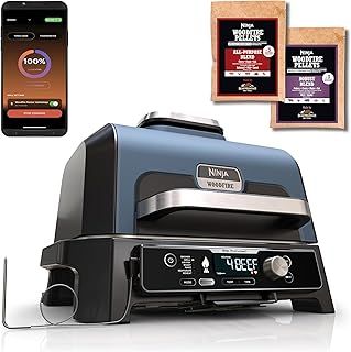 Ninja Woodfire Pro Connect XL Electric BBQ Grill & Smoker with App Control, 2 Digital Probes, Rib Rack, Cover, Liners & Cleaning Brush, Large 7-in-1 Outdoor Grill & Air Fryer, Blue & Black OG901UKAMZ