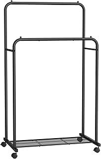 SONGMICS Middle Rod Clothes Rack, Clothes Rail for Bedroom, Clothing Rail on Wheels, with Storage Shelf, 2 Lockable Wheels, Each Rod Holds up to 20 kg, for Bags, Shoes, Storage Boxes, Black HSR027B01