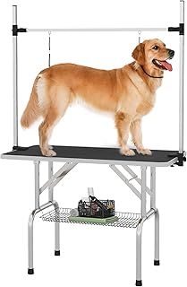 PawHut 42" Dog Grooming Table Adjustable Pet Cat Drying Beauty Table Rubber Top with 2 Loops Storage Basket Metal Black
