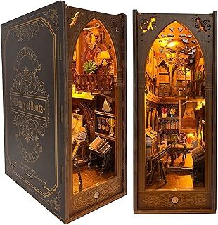 CRIOLPO Book Nook Kit - DIY Dollhouse Booknook, Book Nook Miniature Kit for Bookshelf Insert Decor Crafts for Adults Teens, 3D Wooden Puzzle Bookends with Sensor Led Light (Library of Books)