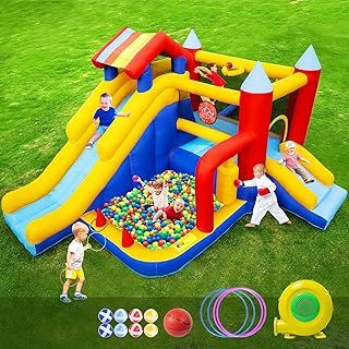 FOOING Inflatable Water Slide Castle with 2 Slides, Climbing Wall, Basketball Hoop, Bounce House for Kids Garden, Bouncy Castle for Summer Outdoor Pool Party with Safety Net