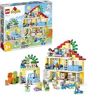 LEGO 10994 DUPLO Town 3in1 Family House, Brick-Built Dolls House with Push&Go Car, 5 Figures, 2 Animals and Light-Up Toy Lamp, Playhouse Toys for Toddlers, Girls and Boys Aged 3+