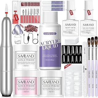 Saviland Acrylic Nail Kit - 3 Colors Acrylic Powder and Liquid Set with Acrylic Nail Brushes/Nail Drill/Top Gel/Non-Acid PH Bond/Nail Glue/Dappen Dish/Coffin Nails Tips Gel X Nail Kit for Salon DIY