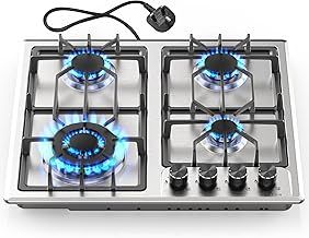 Noxton Gas Hob 4 Burner, Built-in Gas Cooker Plug & Go, Stainless Steel Easy to Clean, Cast Iron Pan Support, Flame Out Protection Prevent Gas Leakage, LPG/NG Kit, 59cm x 51cm